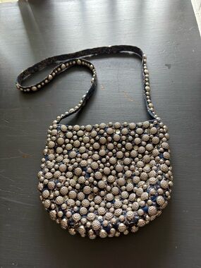 Vintage Neiman Marcus Navy Denim Beaded bag with Silver and Clear beads